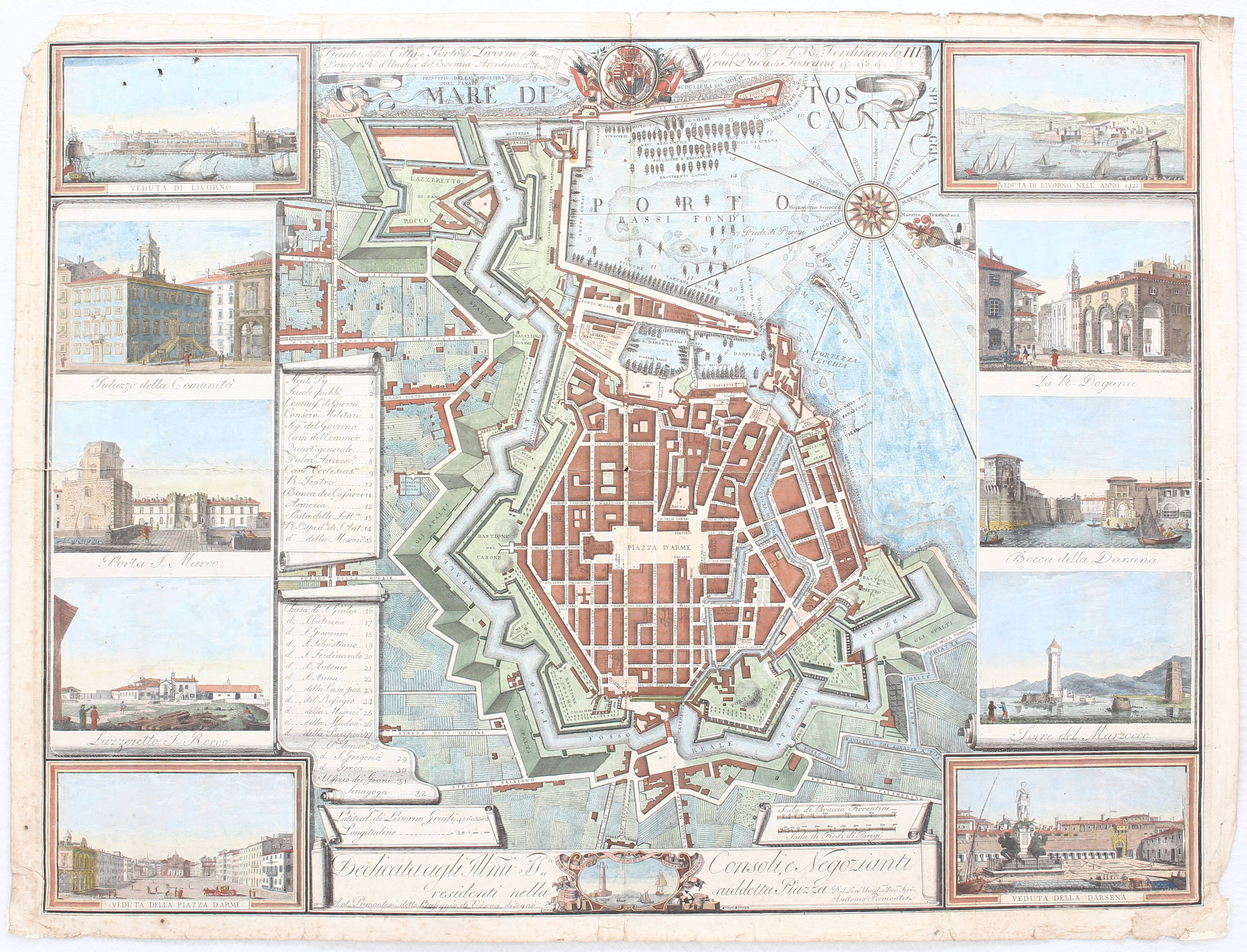 Livorno. Plan mit Ansichten. A. Piemontesi