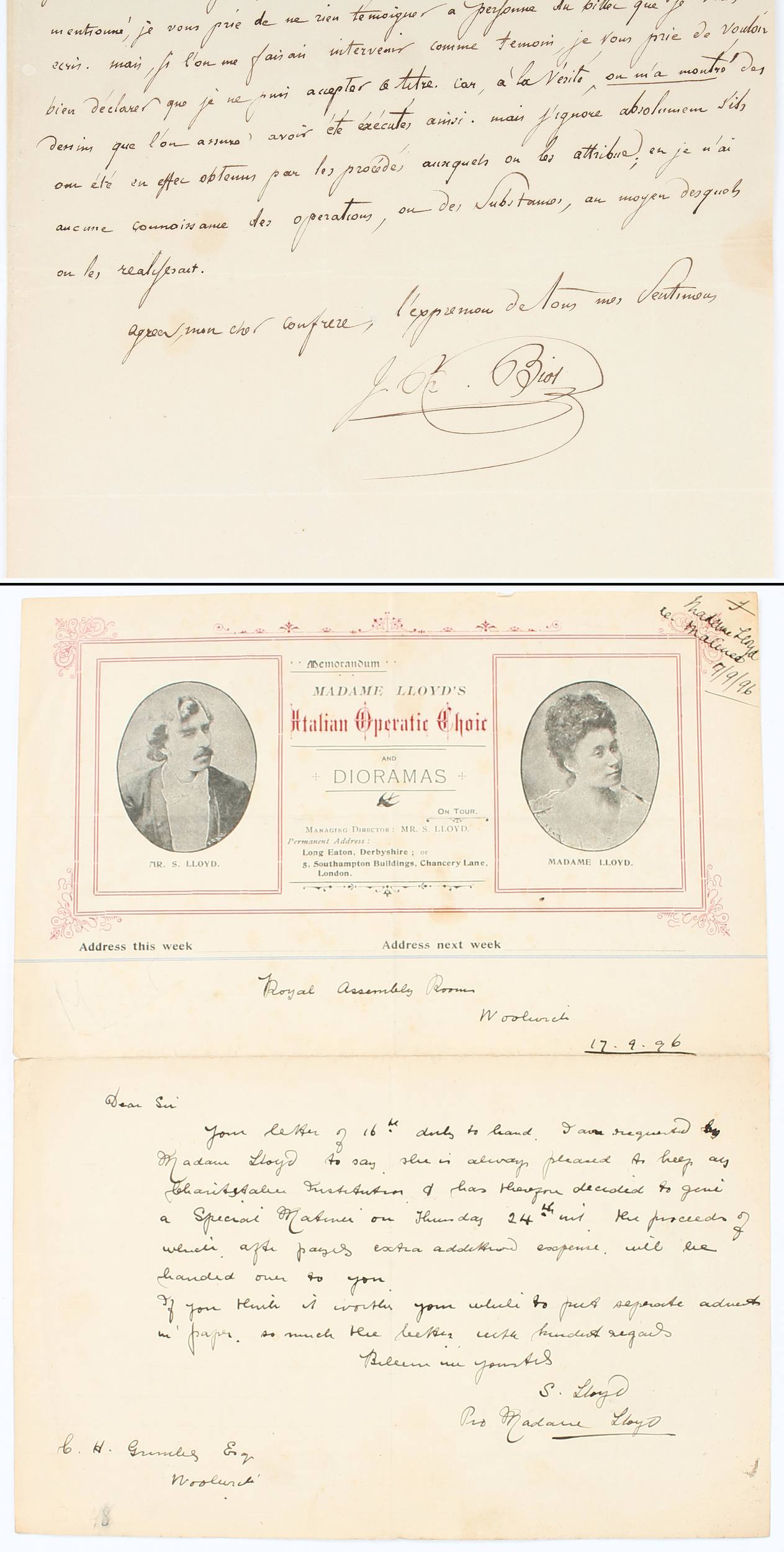 J.-B. Biot & S. Lloyd, eigenh. Briefe / 3 Bll.