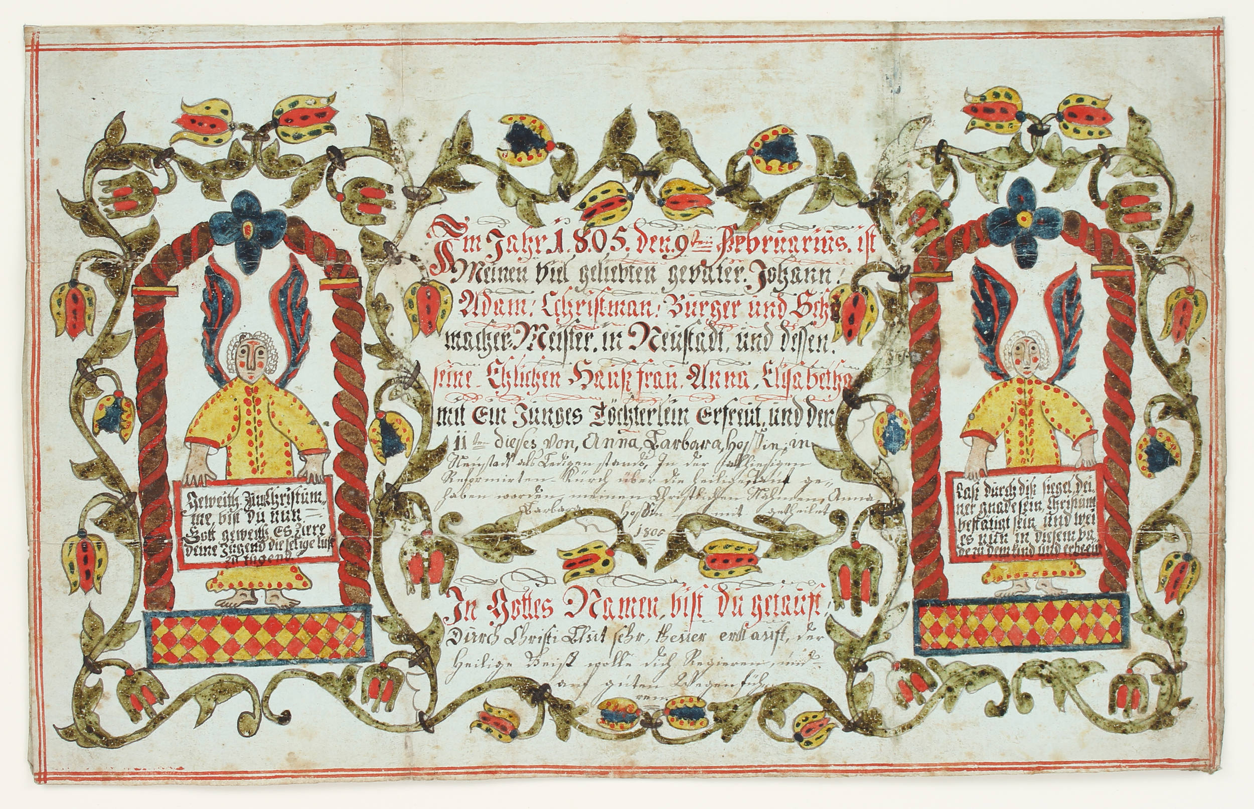 Aquarellierte Taufbriefe. Pfalz. 5 Bll.