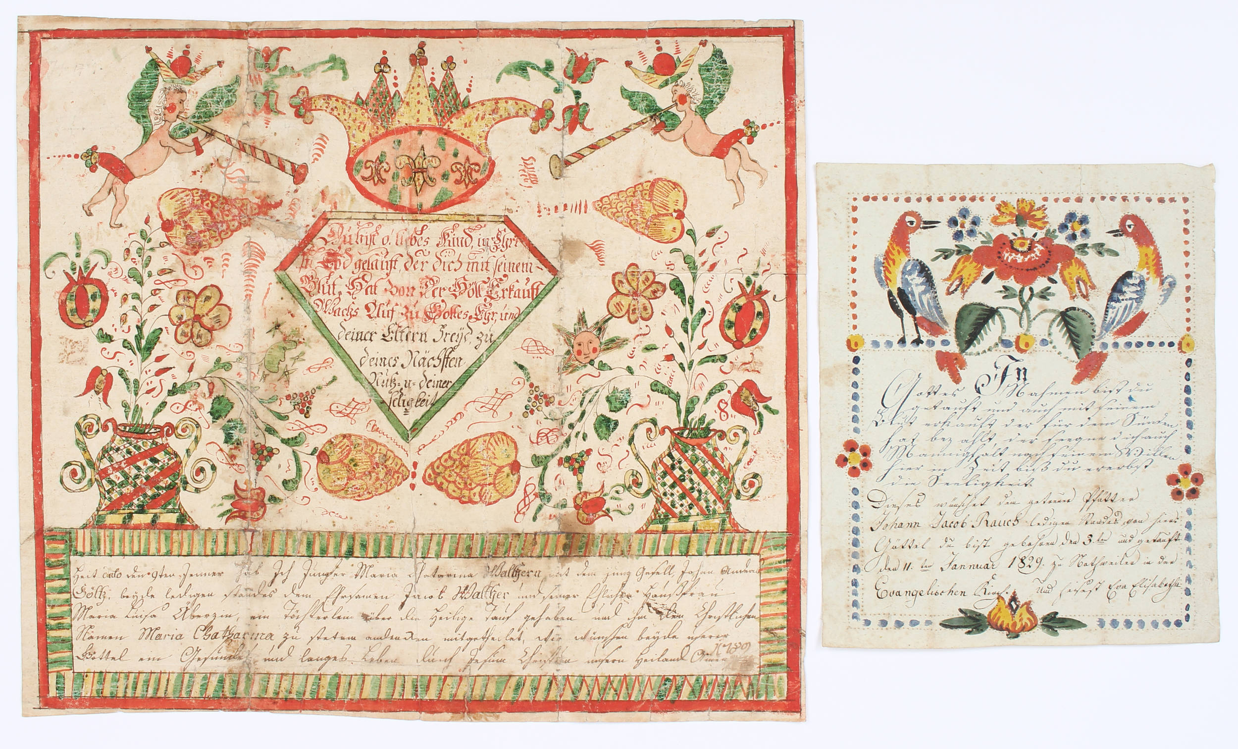 Aquarellierte Taufbriefe. Pfalz. 5 Bll.