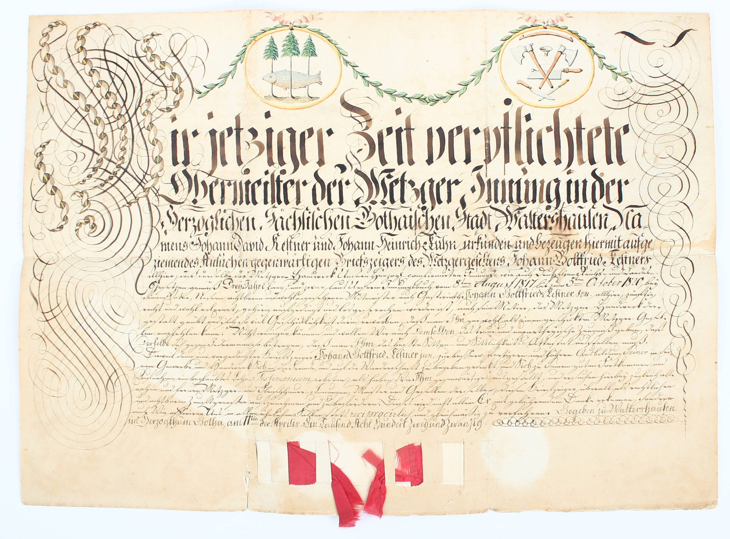 Aquarellierter Gesellenbrief Waltershausen
