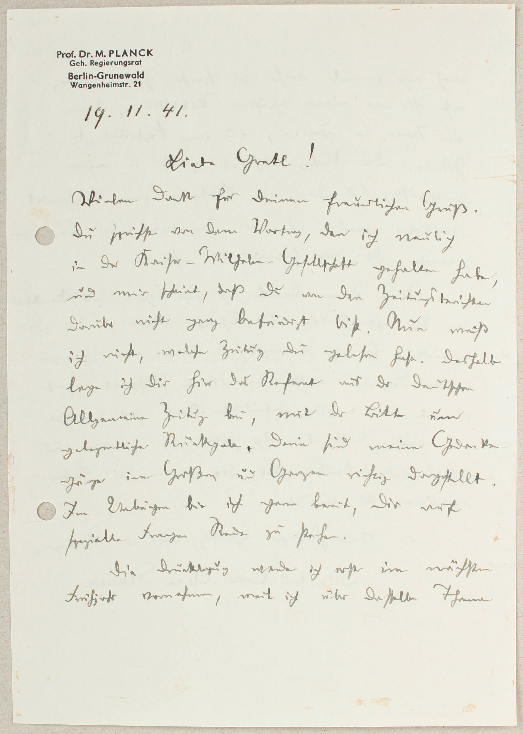 Planck, Eigenh. Brief 1941