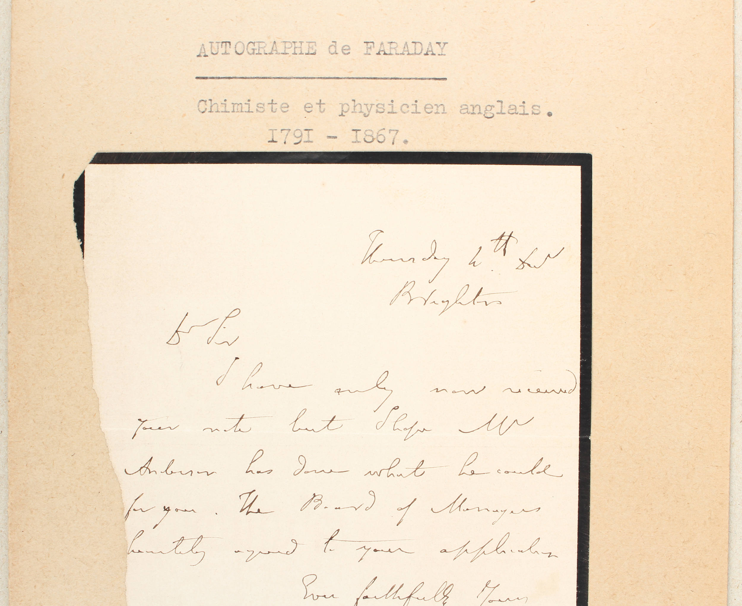Faraday, Eigenhändiger Brief. Ca. 1840