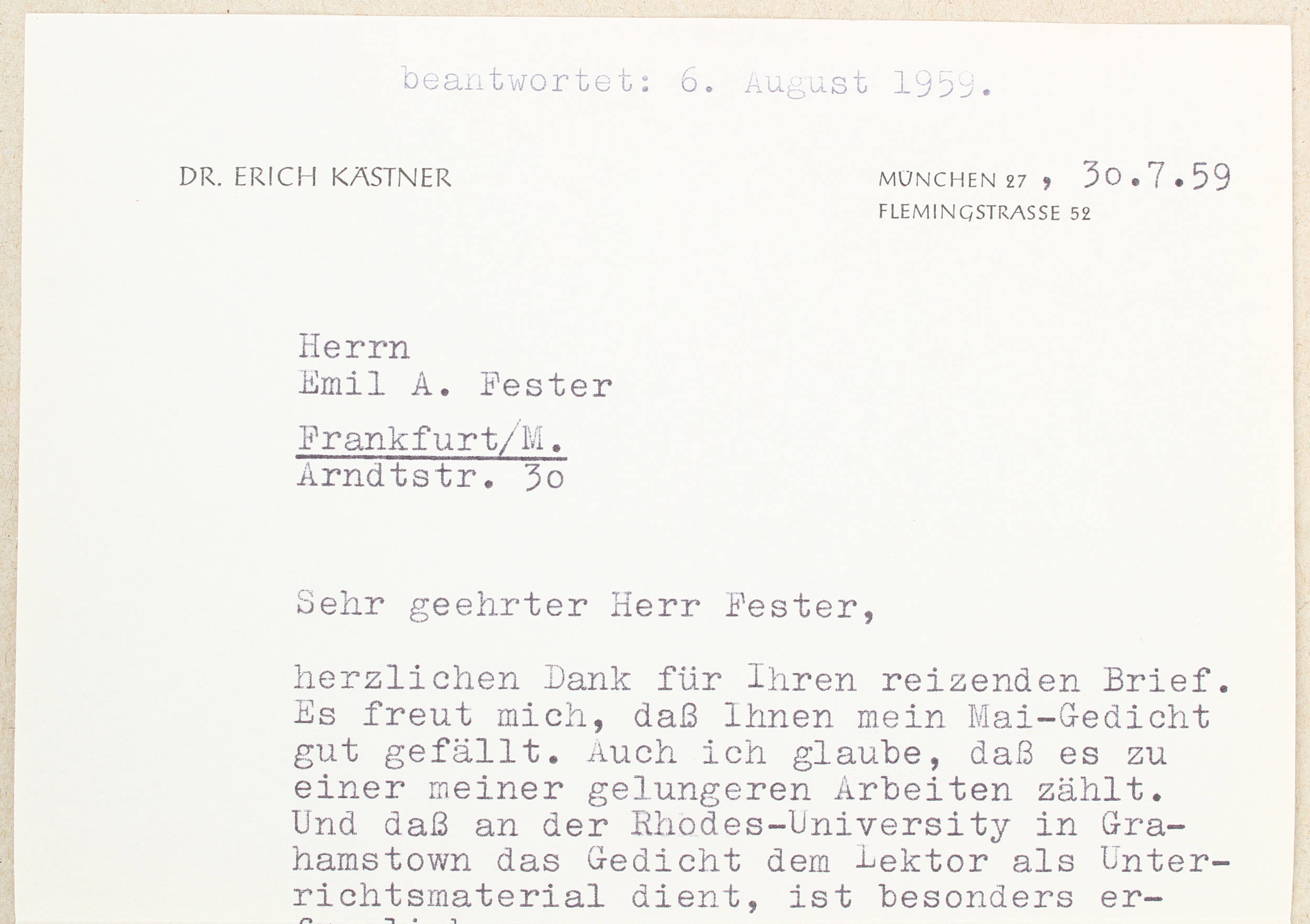 Kästner, Brief m. eigenh. Unterschrift