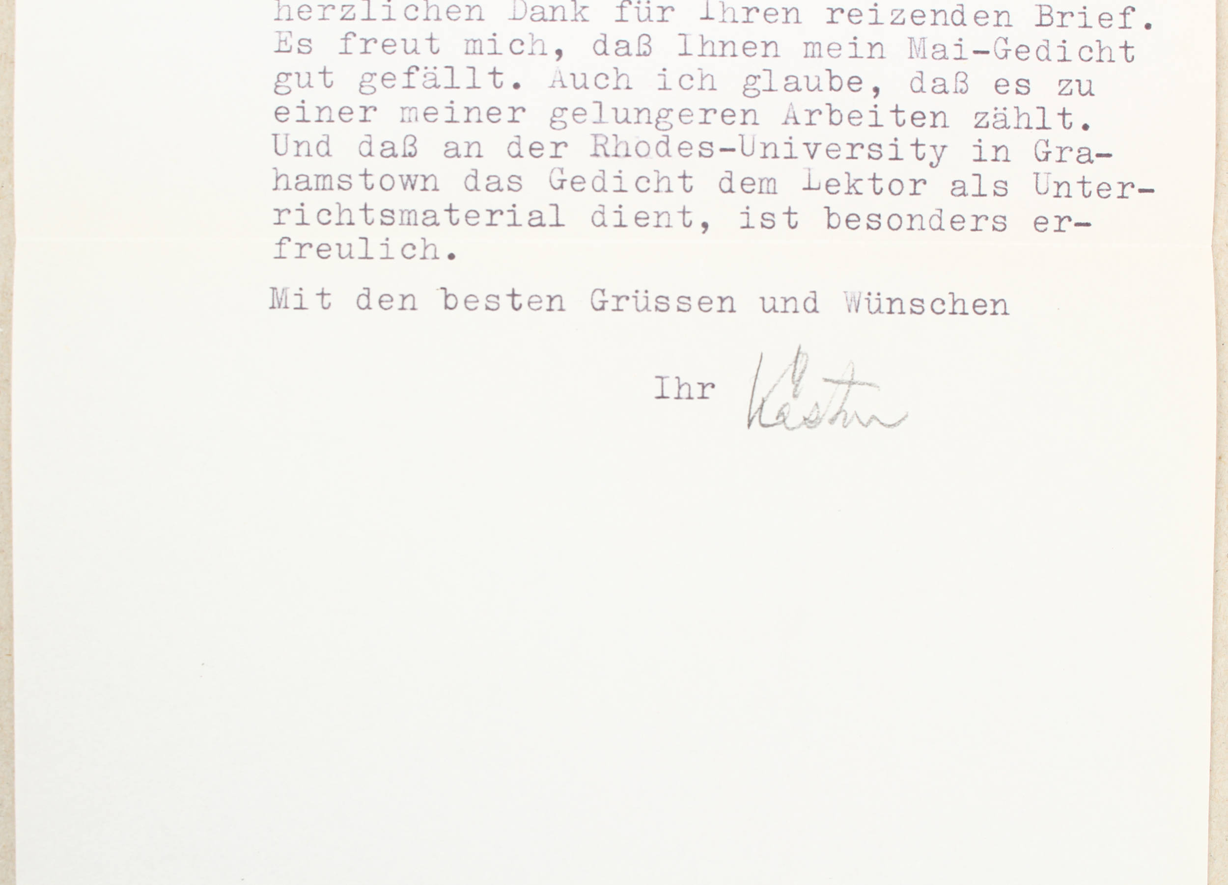 Kästner, Brief m. eigenh. Unterschrift