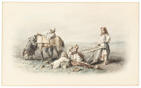 Beer, W. A., Russische Bauernfamilie bei der Rast. Aquarell