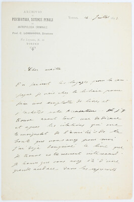 Lombroso, Eigenhändiger Brief + Beilage W. Wertheim