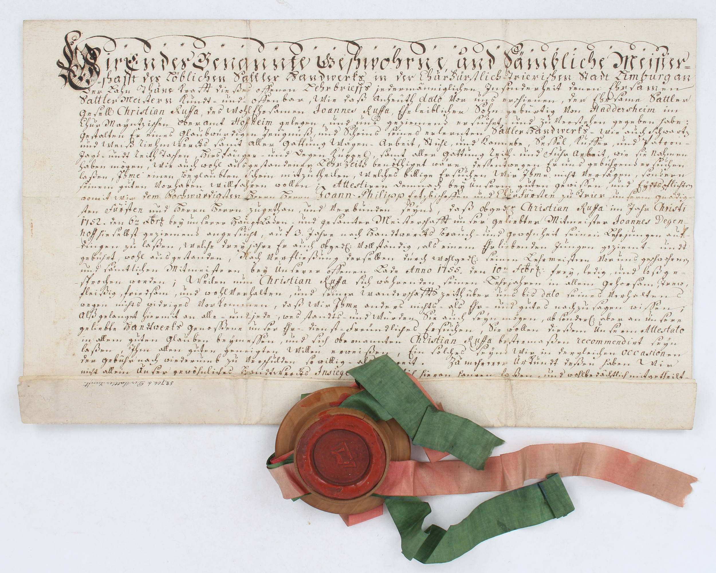 Gesellenbrief der Sattler in Limburg. 1761