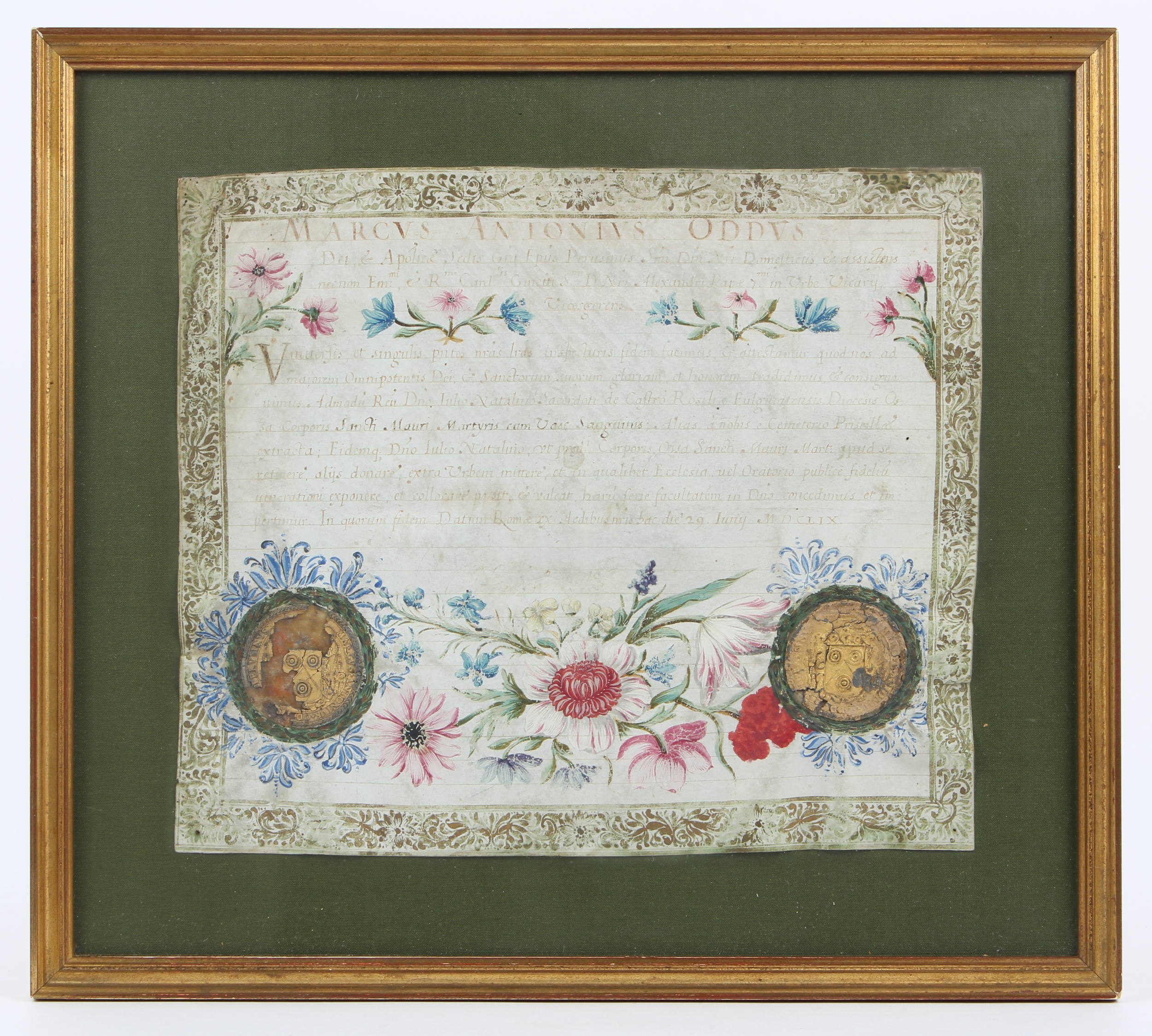 Reliquienbestätigung. Rom 1659. Gerahmt