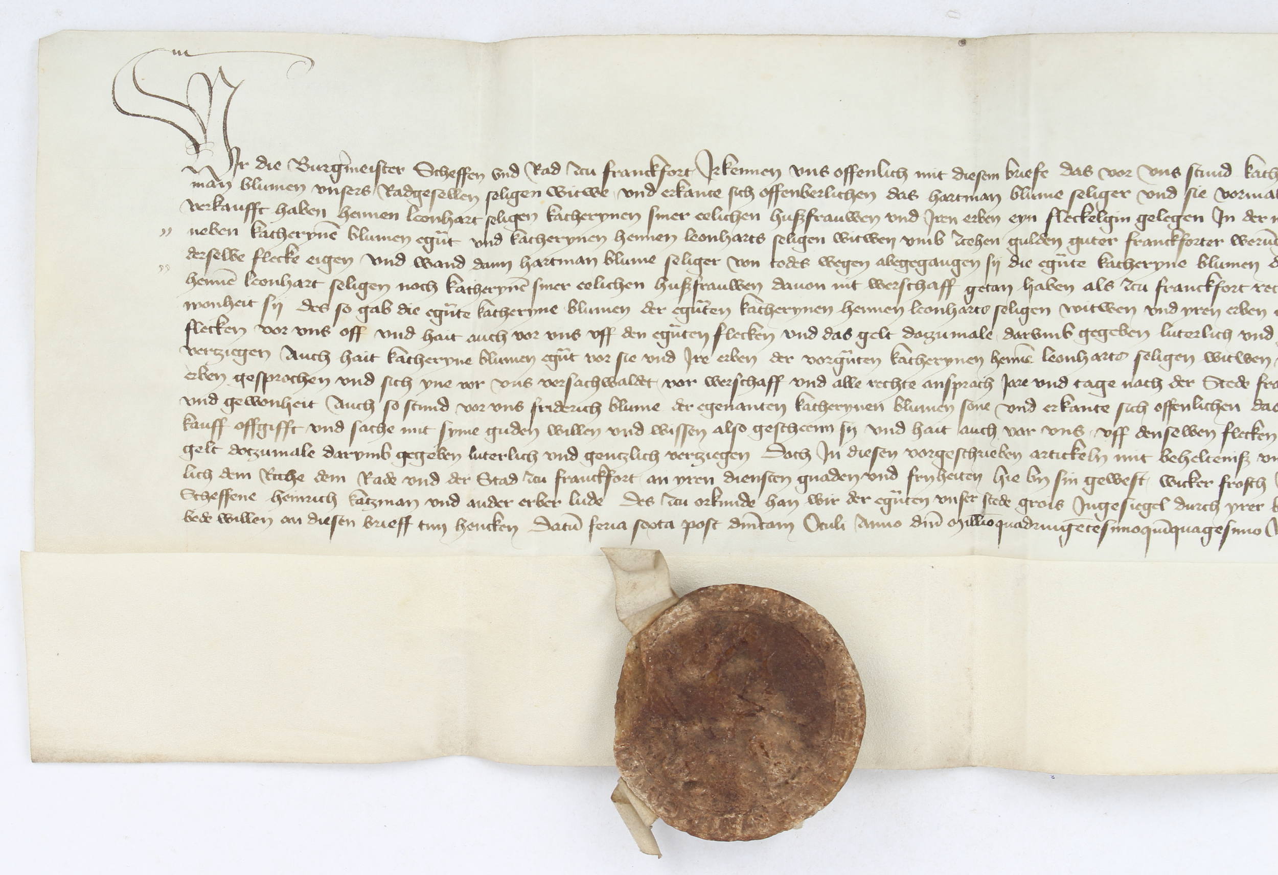 Urkunde zum Verkauf eines Grundstücks. Frankfurt 1458