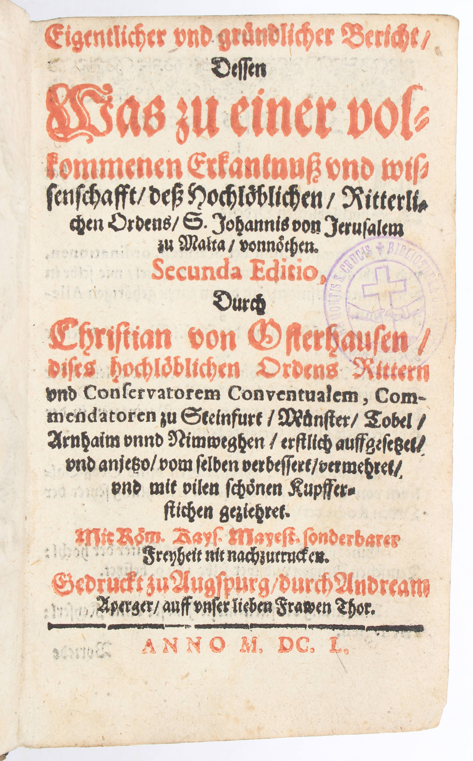 Osterhausen, Erkantnuß deß Ritterl. Ordens zu Malta