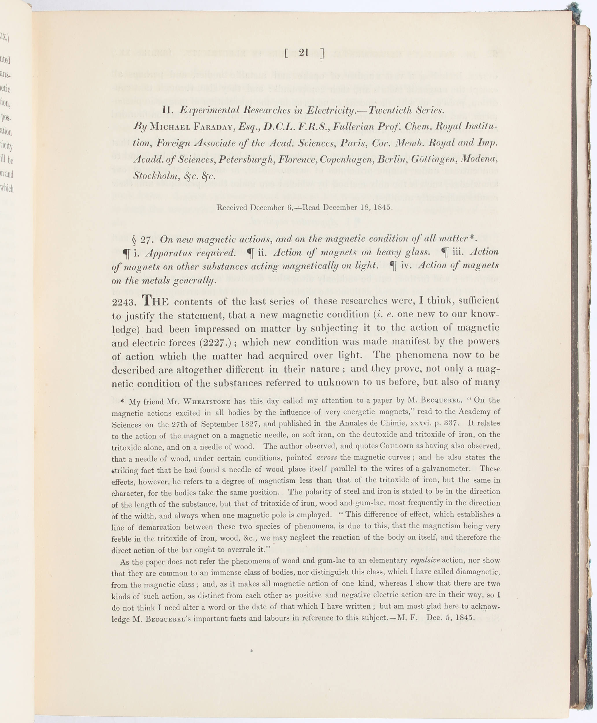 Faraday, Experimental researches. 19th-29th series.