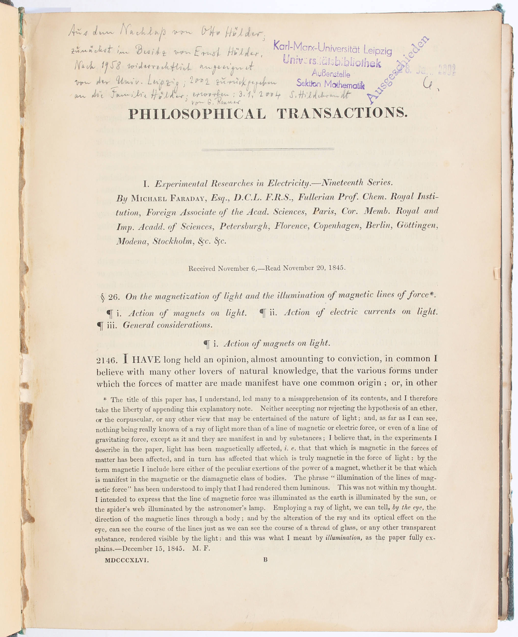 Faraday, Experimental researches. 19th-29th series.