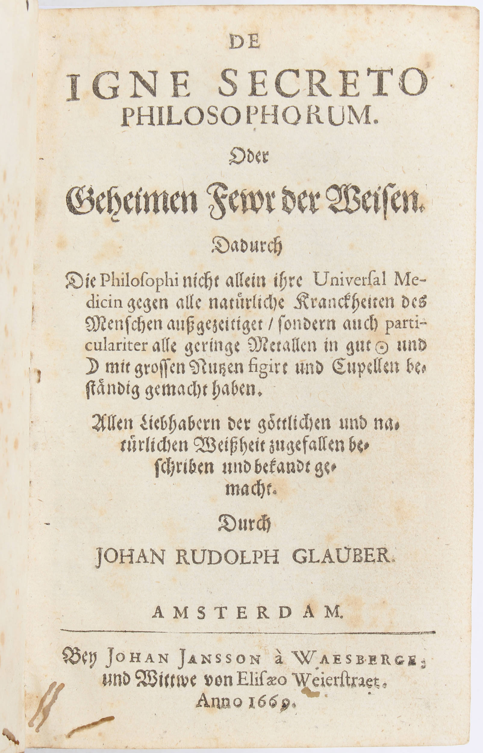 Glauber, Sammelband alchem. Erstausgaben