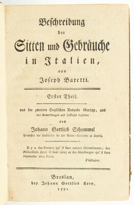 Baretti, Sitten und Gebräuche in Italien. 2 Bde.