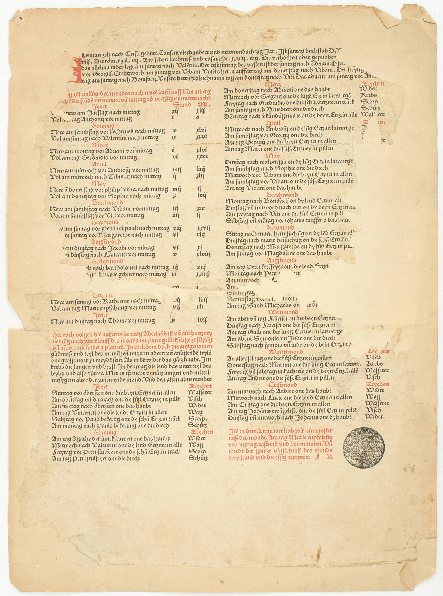 Almanach für Nürnberg auf 1489. Einblattdruck