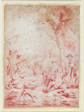 Männer/Jäger auf der Rast. Zeichnung / 2 Bll.