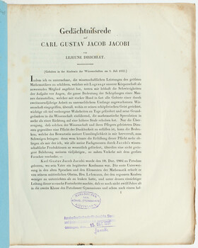 Dirichlet, Gedächtnissrede auf C. G. J. Jacobi