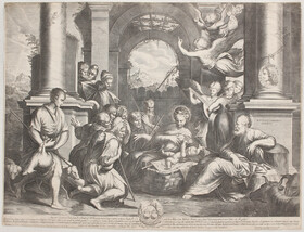 Anbetung der Hirten. 2 Bll. Kupferstich u. Rötelzeichnung