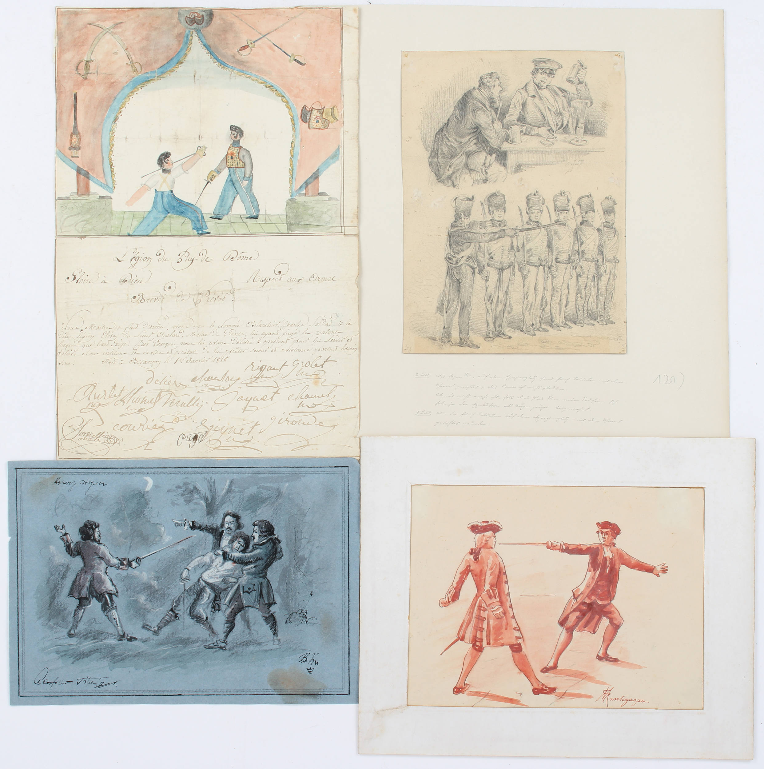 Fechten, Aquarelle & Zeichungen. 1700-1950. 22 Bll.