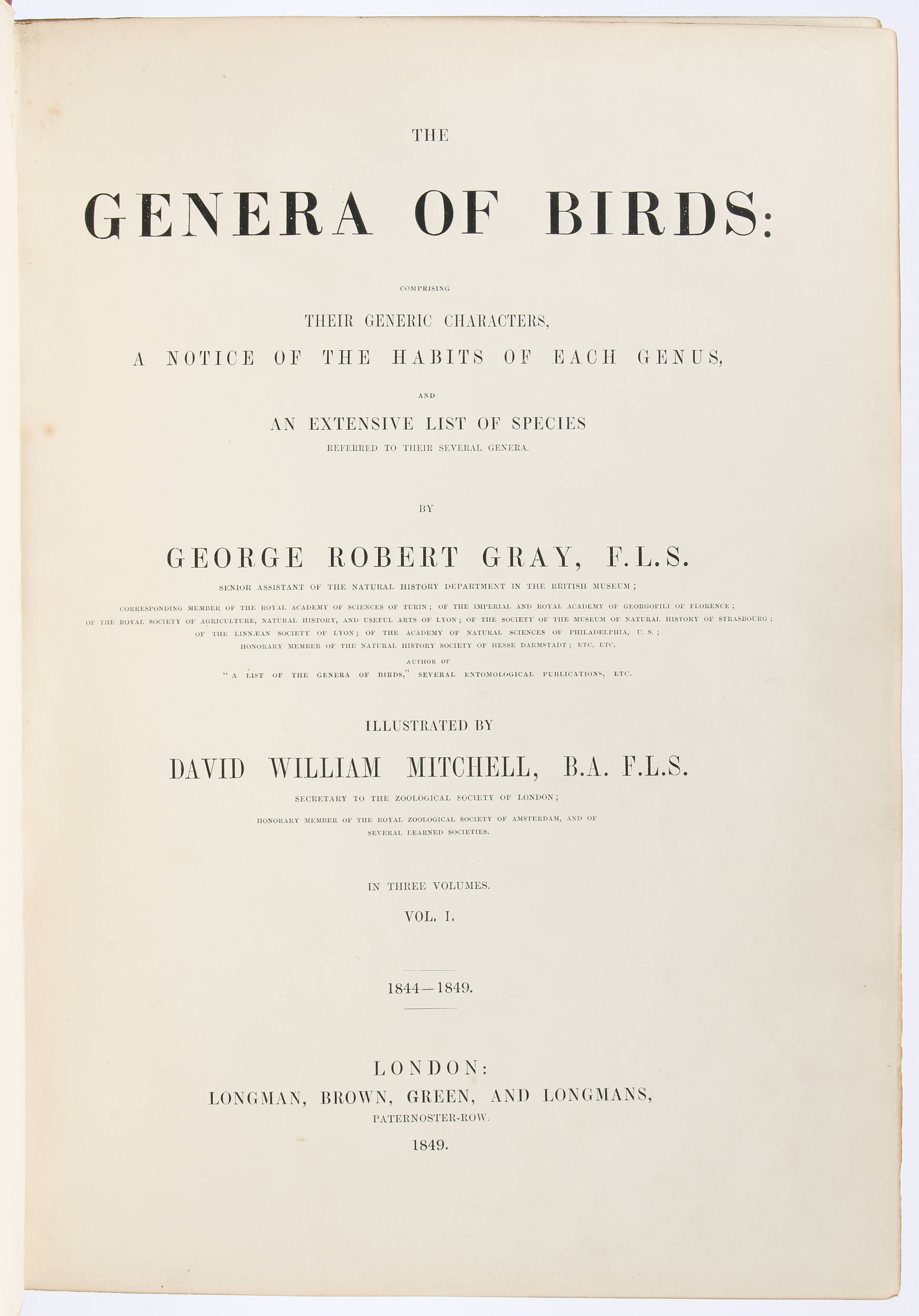 Gray, The genera of birds. 3 Bde.