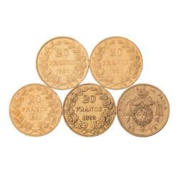 Belgien /GOLDlot - 5 x 20 Francs mit insg. ca. 29 g Fein in Form von ...