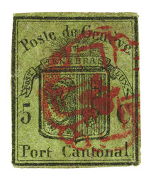 Rote Rosette Nr. 4 von Genf auf knapp-bis vollrandiger Marke mit ...