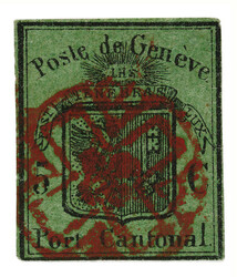 Rote Rosette Nr. 4 auf berührter Marke mit leicht dünnen Stellen. ...