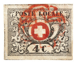 Rote Rosette Nr.5 auf breit- bis überrandiger Marke. Ein minimes ...