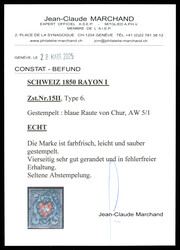 15II, Type 6 mit Stempelseltenheit: blaue Gitterraute von Chur, Nr. ...