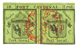 Red rosette No. 2 on a stamp with short margins. Crease in the paper ...