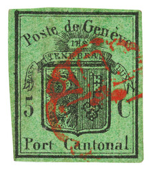 Rote Rosette Nr. 4 auf vollrandiger Marke mit minim punkthellen ...