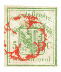 Rote Genfer Rosette Nr. 3 auf vollrandiger Marke. Etwas chemisch ...