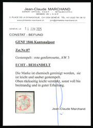 Rote Genfer Rosette Nr. 3 auf vollrandiger Marke. Etwas chemisch ...