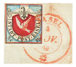 Small piece of letter with bright blue Basel dove and white margin on ...