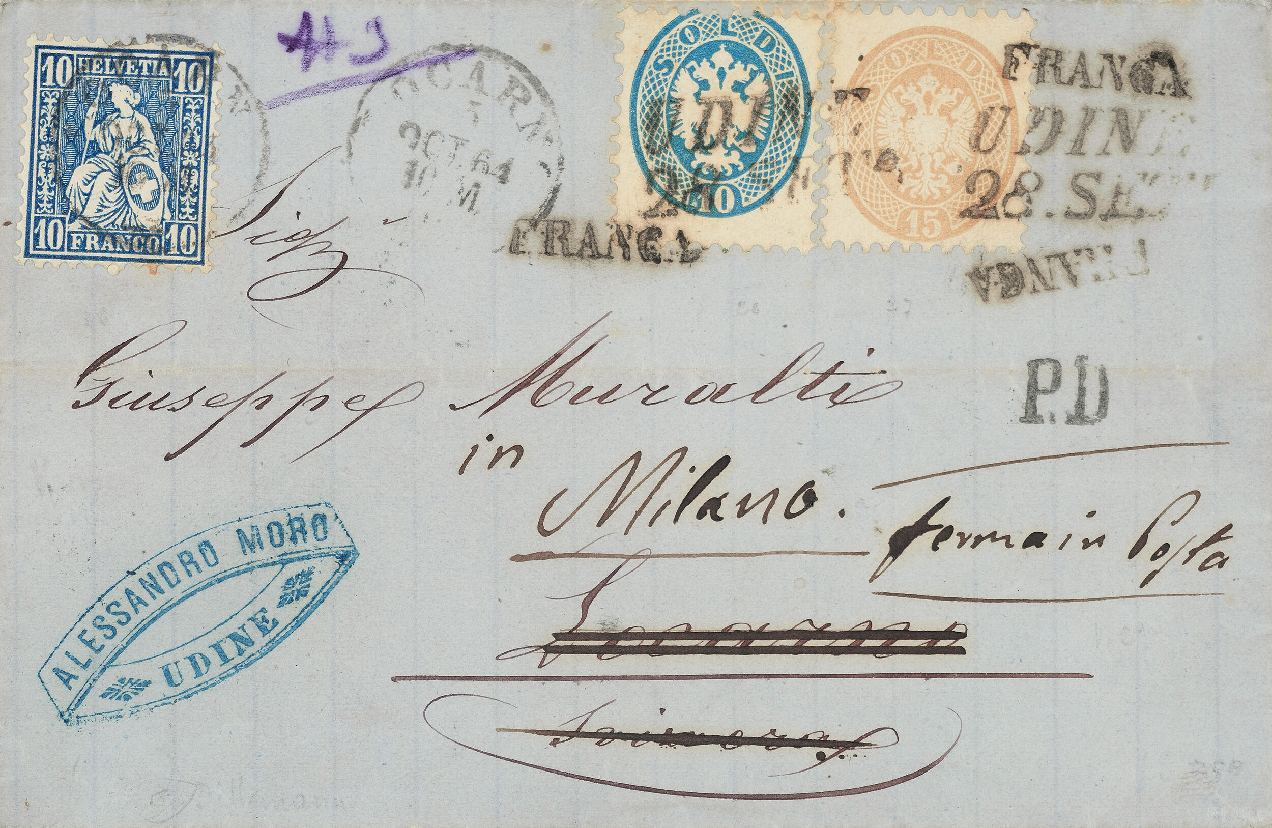 Seltene Zwei-Länderfrankatur: Brief, 28.09.64 von Udine mit 15S.+20S ...