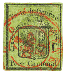 Rare: red double circle postmark Genève, 14.12.47. Rebacked stamp, ...