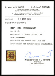 Rare: red double circle postmark Genève, 14.12.47. Rebacked stamp, ...