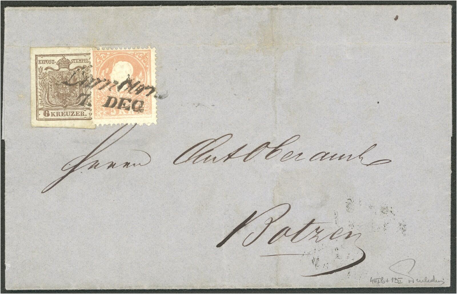 1850+1858 Mischfrankatur 6 Kr. rötlichbraun Ty.Ib Ausgabe 1850 + 5 ...