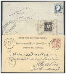 1858/80 3 Poststücke, u.a. 2 Soldi schwarzgrau auf ...