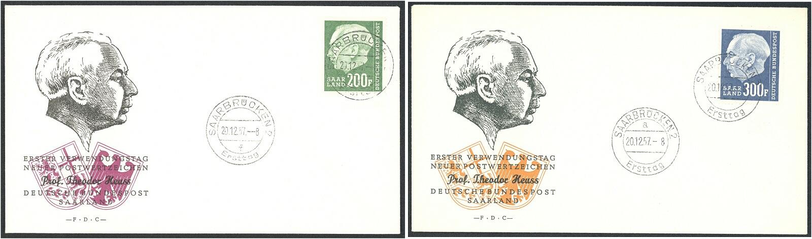 1957 Freimarken Heuss, 200 Fr. smaragdgrün und 300 Fr. kobalt, 2 ...