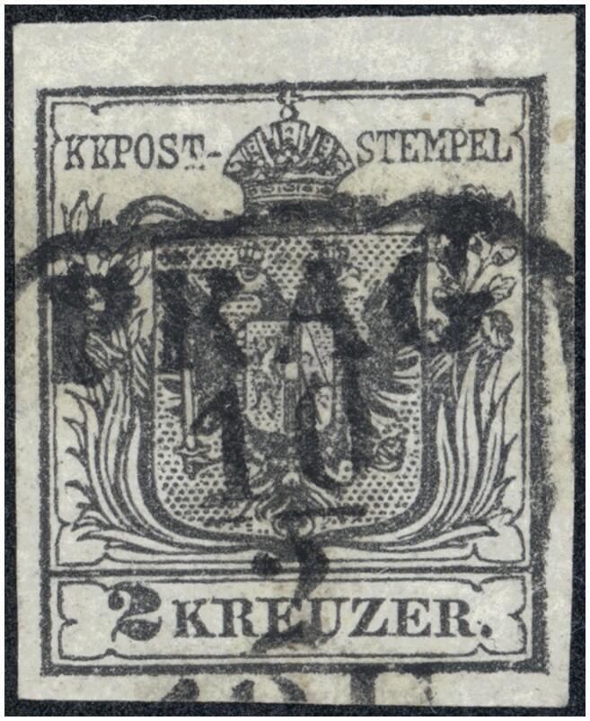 2 Kreuzer schwarz Type Ib Hp, Seidenpapier 0,07 mm und Randdruck ...