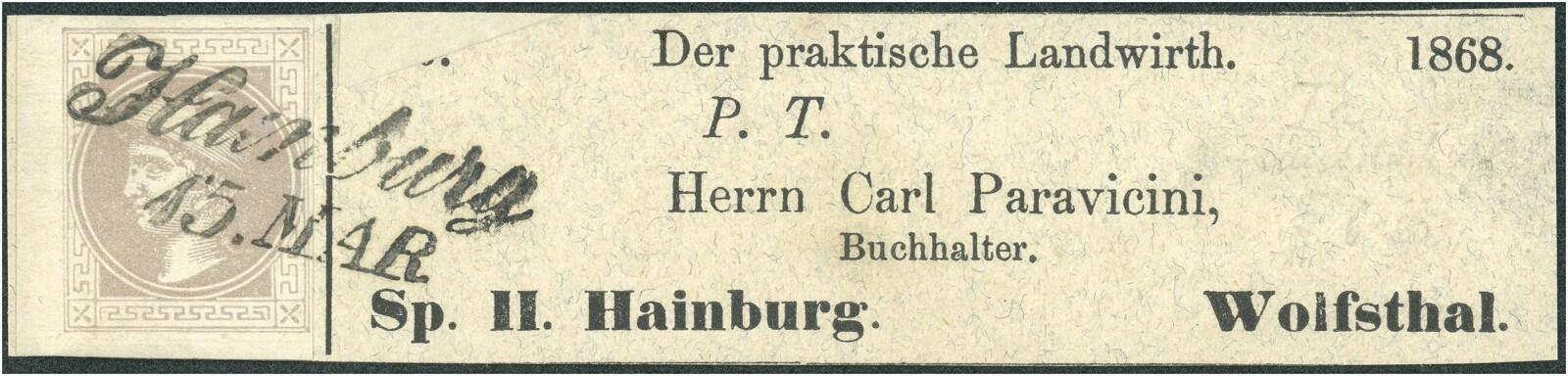 1868 HAINBURG/15.MAR Langstempel auf Zeitungsmarke lilabraun Type Ia ...