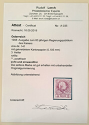 1908 Freimarke 3 H. rotlila Kartonpapier (0,105mm), laut Attest Lerch ...