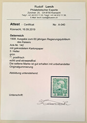 1908 Freimarke 5 H. grün Kartonpapier, laut Attest Lerch: 1908 ...