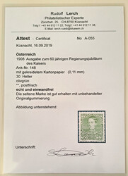 1908 Freimarke 30 H. olivgrün Kartonpapier (0,11mm), laut Attest ...