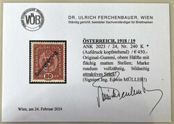 1918/19 80 Heller rotbraun mit Aufdruck kopfstehend, signiert Ing. ...
