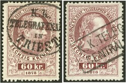 1874/1875 60 Kreuzer karmin 2 Stück in verschiedenen Farbnuancen mit ...
