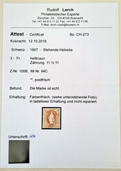 1907 Stehende Helvetia 3 Fr. hellbraun Kz. 11 1/2 : 11, farbfrisches ...