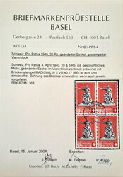 1940 Pro Patria 20 + 5 C. rot, geänderter Sockel im Viererblock, ...